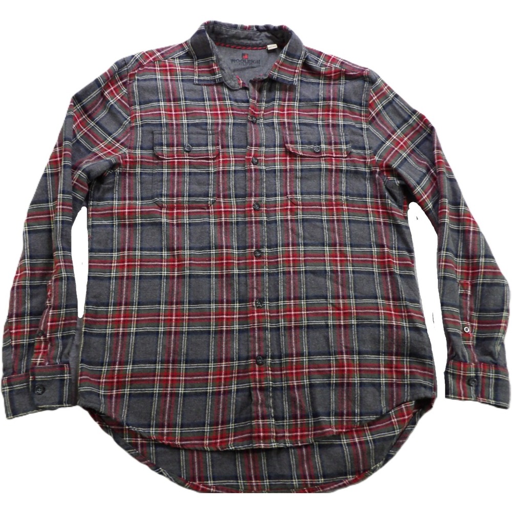 Woolrich Men Plaid Button Up Shirt Medium Gray Red Long Sleeve Cotton Casual Top